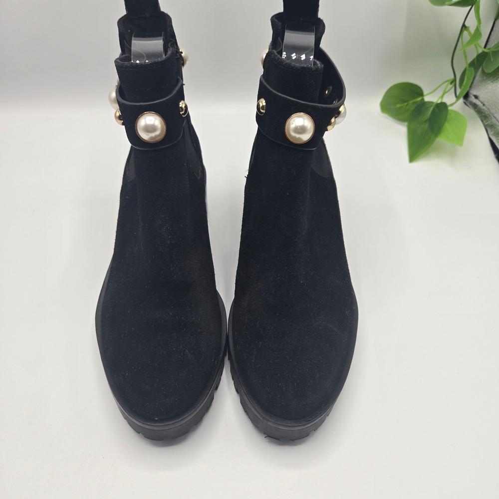 Karl Lagerfeld Pola Ankle Boots Black Pearl Stud Suede Lug Sole WMS 7.5M